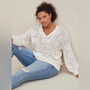 Torrid Pointelle Pullover Hooded Drop Shoulder Sweater Stars Smiley Faces 4X